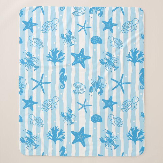Couverture Sherpa Créatures marines bleues Motif nautique doodle (Devant)