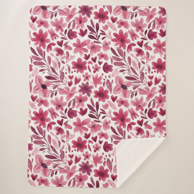 Couverture Sherpa Crème Fille Rose Rouge Fleurs Cœurs   (Devant)