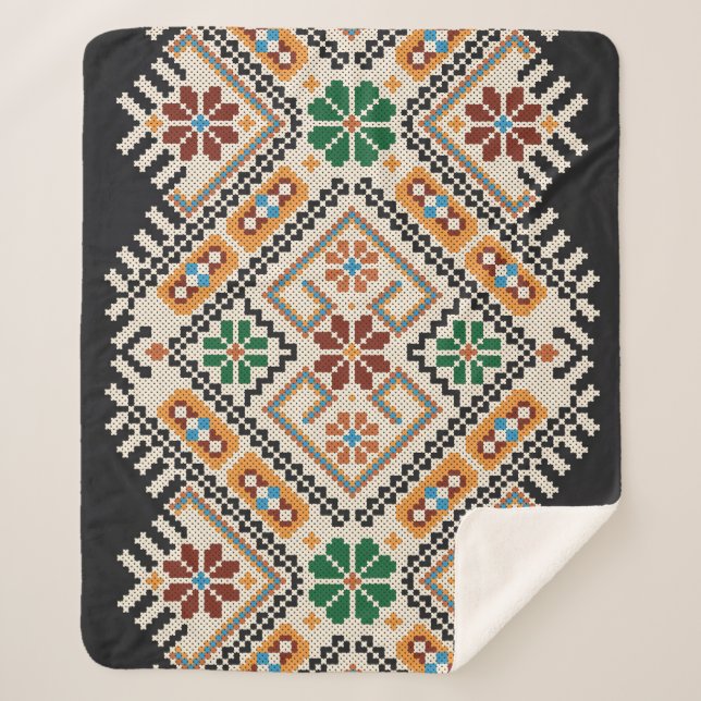 Couverture Sherpa Crochet ukrainien : Motif artisanal ethnique. (Devant)