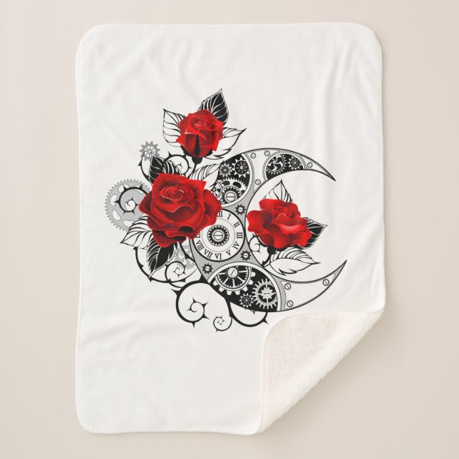 Couverture Sherpa Croissant mécanique avec roses rouges (Devant)