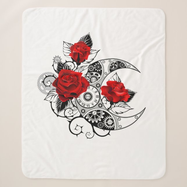 Couverture Sherpa Croissant mécanique avec roses rouges (Devant)