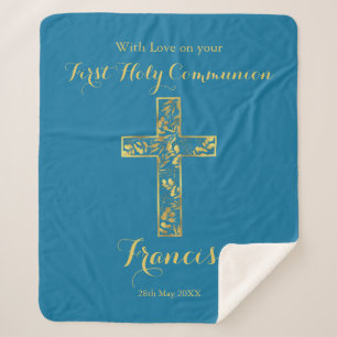Couverture Sherpa Croix d'or bleu communion