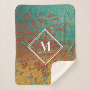 Couverture Sherpa Cuivre Turquoise Texture métallique Monogramme ini