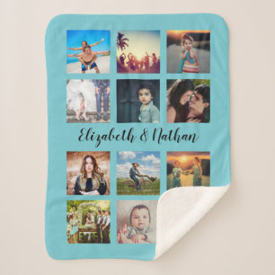 Couverture Sherpa Custom 12 Friends Family Photo Collage Aqua Blue