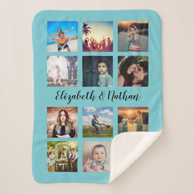Couverture Sherpa Custom 12 Friends Family Photo Collage Aqua Blue (Devant)