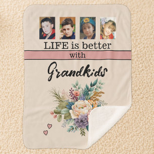 Couverture Sherpa Custom 4 photos petits-enfants fleurs rose