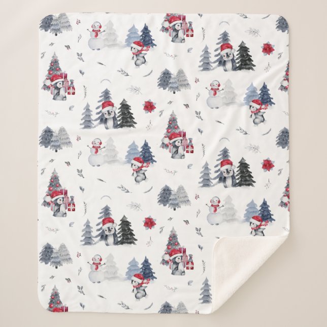 Couverture Sherpa Cute Aquarelle Noël Pingouin Motif (Devant)
