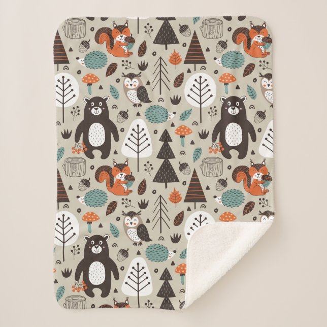 Couverture Sherpa Cute Automne Bois Animaux Motif (Devant)