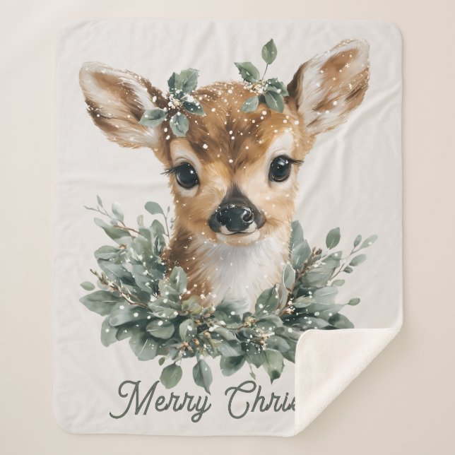 Couverture Sherpa Cute Baby Deer Merry Christmas – Watercolor Fawn  (Devant)