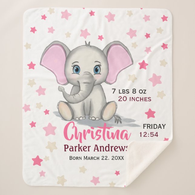 Couverture Sherpa Cute Baby Elephant with Pink Ears Girl Birth Stats (Devant)