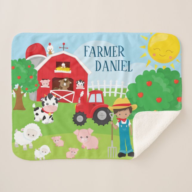 Couverture Sherpa Cute Cartoon Barnyard Animaux, Fermier et tracteur (Devant (Horizontal))