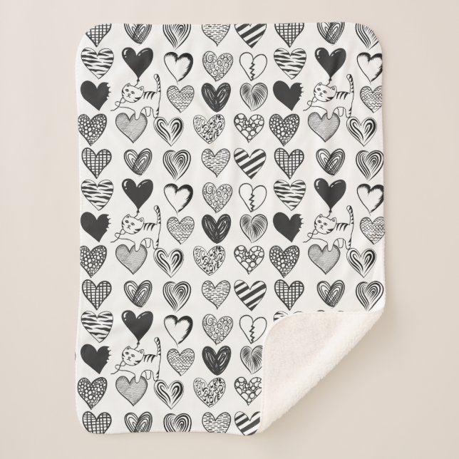 Couverture Sherpa Cute Chat et Coeur Motif noir et blanc (Devant)