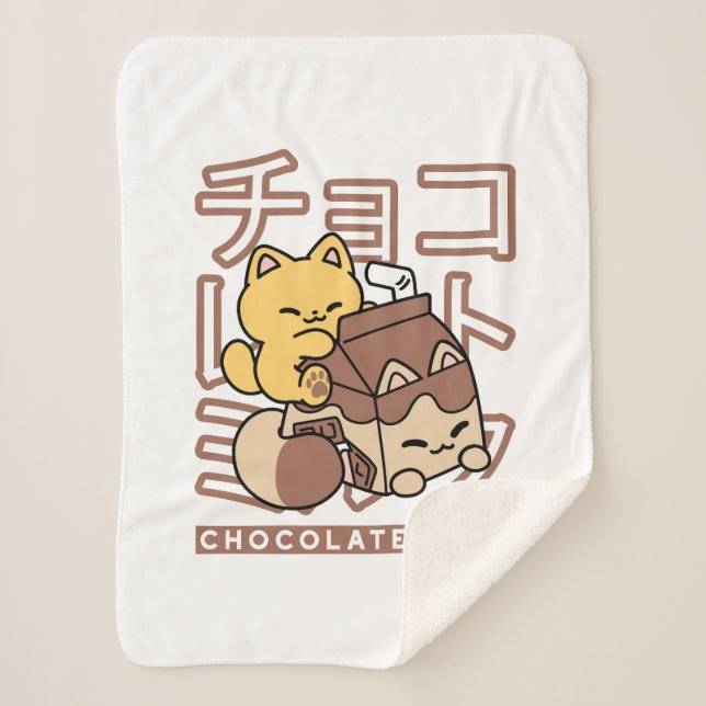 Couverture Sherpa Cute Chat Riding Chocolat Lait Carton Kawaii Art (Devant)