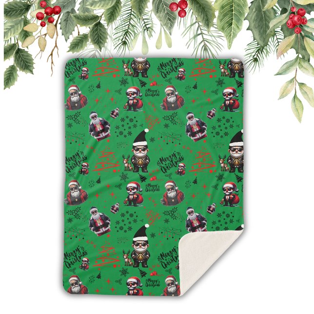 Couverture Sherpa Cute Gangster Père Noël Joyeux Noël sur Green | (Créateur téléchargé)