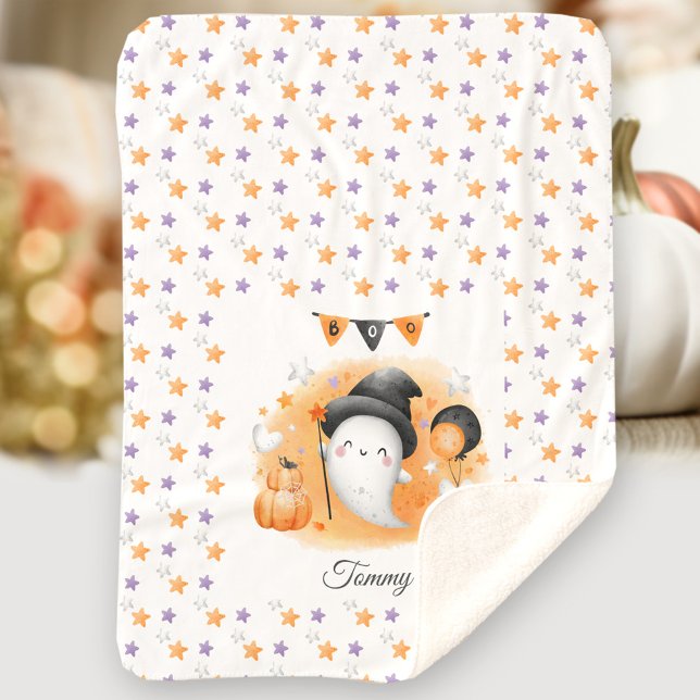 Couverture Sherpa Cute Halloween Boo Nom du fantôme Orange (Cute Halloween Boo Ghost Name Orange Sherpa Blanket)