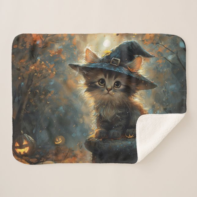 Couverture Sherpa Cute Kitten portant un Casquette sorcier (Devant (Horizontal))