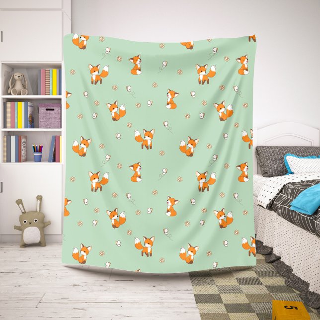 Couverture Sherpa Cute Little Foxes Motif sur Green (Créateur téléchargé)