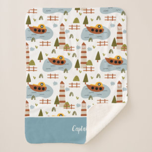 Couverture Sherpa Cute Nautical Lighthouse and Boat Kid Motif
