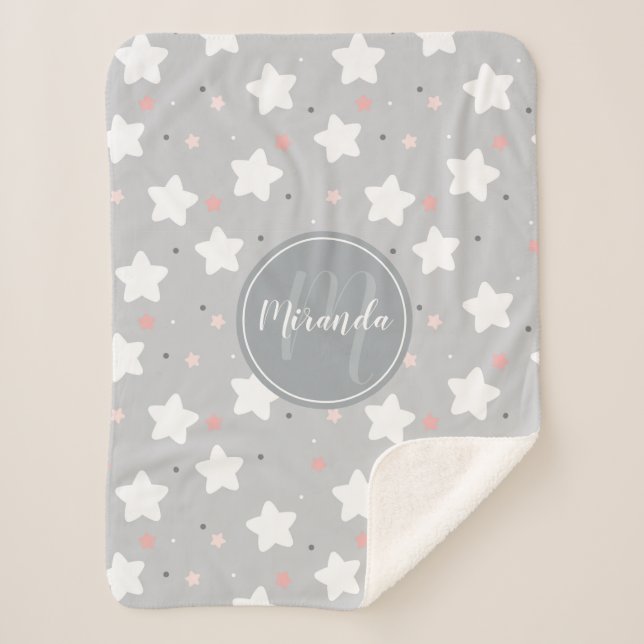 Couverture Sherpa Cute Night Sky with Custom Monogram et nom (Devant)