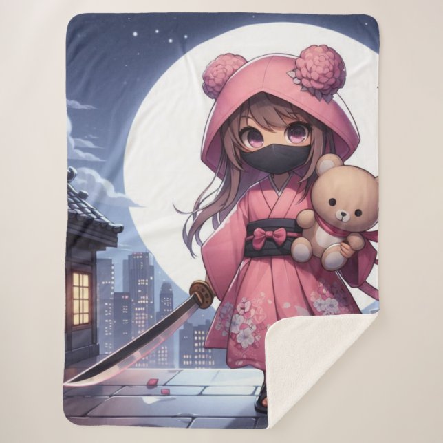 Couverture Sherpa Cute ninja guerrière fille & teddy (Devant)