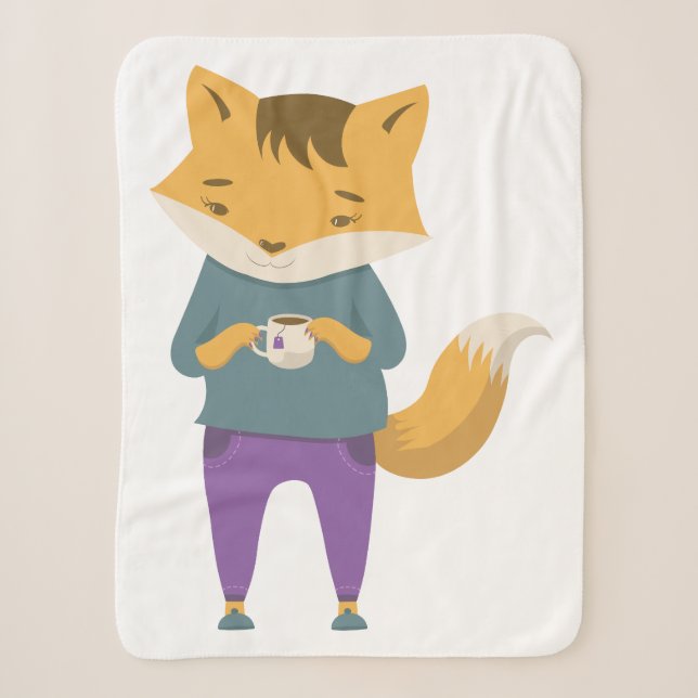 Couverture Sherpa Cute renard avec tasse de thé (Devant)