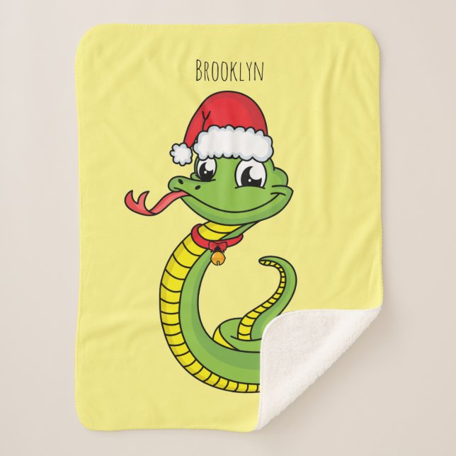 Couverture Sherpa Cute serpent vert avec chapeau santa dessin animé (Devant)