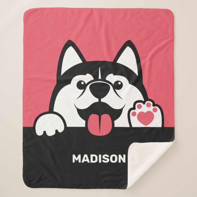 Couverture Sherpa Cute Siberian Husky nom et couleur personnalisés (Devant)
