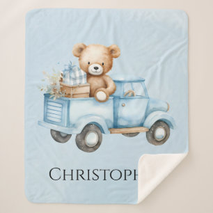 Couverture Sherpa Cute Teddy Bear Blue Vintage Baby shower de camion