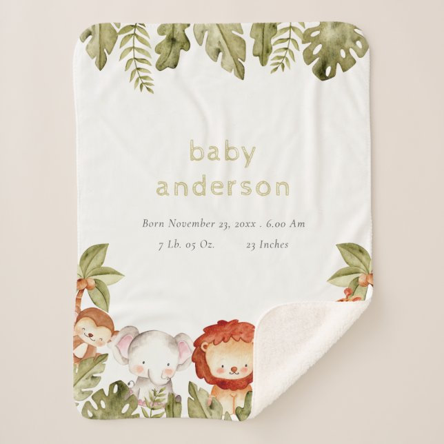 Couverture Sherpa Cute Wild Tropical Safari Animaux Baby Birth Stats (Devant)