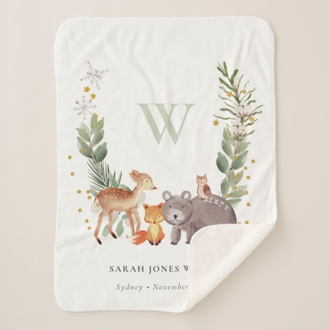 Couverture Sherpa Cute Woodland Animal Feuilleté Wreath Monogramme E (Devant)