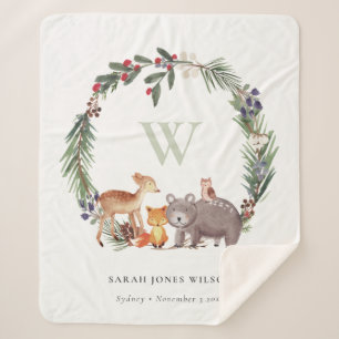 Couverture Sherpa Cute Woodland Animal Feuilleté Wreath Monogramme E