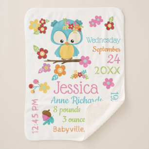 Couverture Sherpa Cute Woodland Owl Baby Girl Birth Record Statistiq