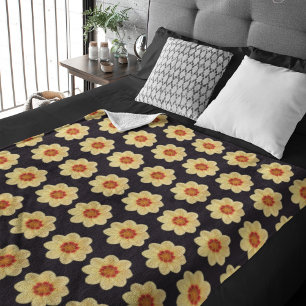 Couverture Sherpa Dahlia jaune motif floral sur noir