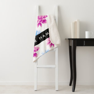 Couverture Sherpa Dahlia rose et bleu, motif floral, votre nom