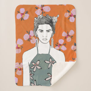 Couverture Sherpa Dame aux fleurs roses - Orange