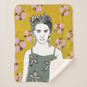 Couverture Sherpa Dame en fleurs roses - Jaune