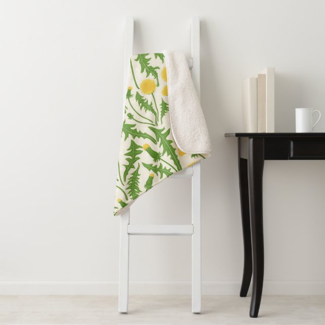 Couverture Sherpa Dandelions, vert, jaune et blanc (En situation)