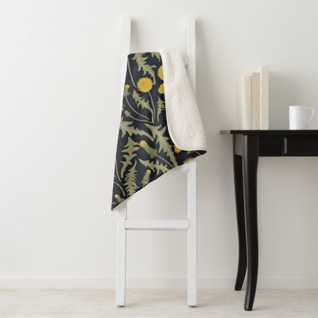 Couverture Sherpa Dandelions, vert, jaune et noir (En situation)