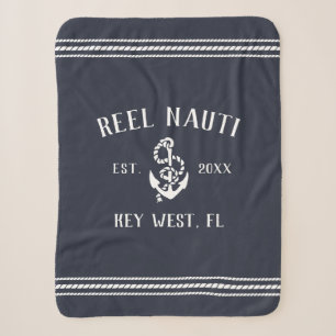 Couverture Sherpa Dark Navy Blue & White Rustic Ancre Nom du bateau