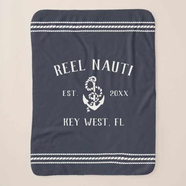 Couverture Sherpa Dark Navy Blue & White Rustic Ancre Nom du bateau (Devant)