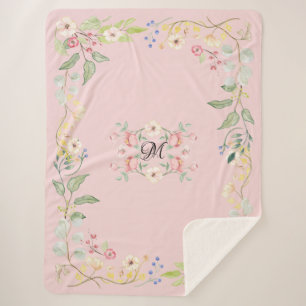 Couverture Sherpa Décor floral de ferme de monogramme chic minable