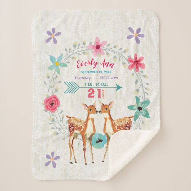 Couverture Sherpa Deer Fawn Twin Baby Girl Statistiques Aquarelle Wr (Devant)