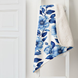 Couverture Sherpa Delft Bleu Fleurs Roses