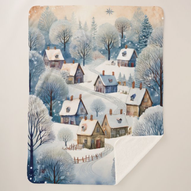 Couverture Sherpa Design de scène du village d'hiver (Devant)
