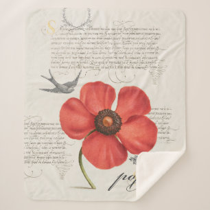 Couverture Sherpa Dessin vintage de pavot rouge + typographie victor