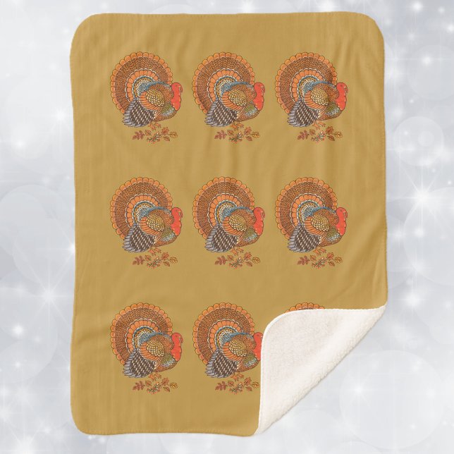 Couverture Sherpa Dindon mâle Queue en éventail Feuilles d'automne J (Male Thanksgiving Turkeys brown orange feathers in Autumn leaves on mustard yellow Sherpa Blanket.)