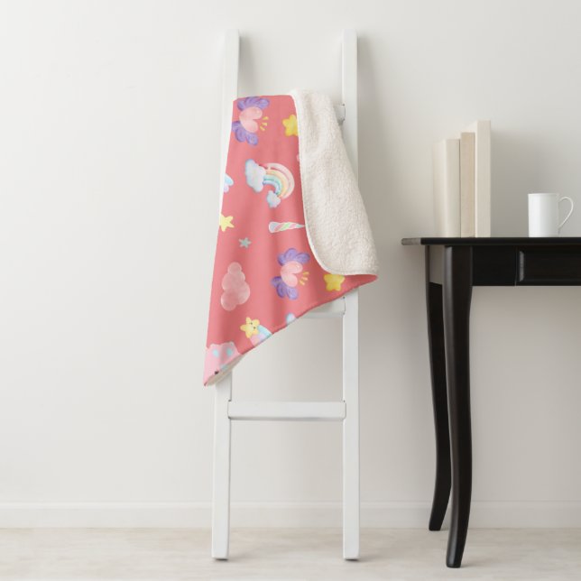 Couverture Sherpa Dinosaure doux rose arc-en-ciel Motif pastel (En situation)