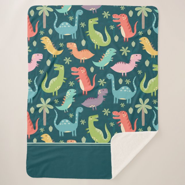 Couverture Sherpa Dinosaure Motif Bleu Monogramme Enfant Garçon (Devant)