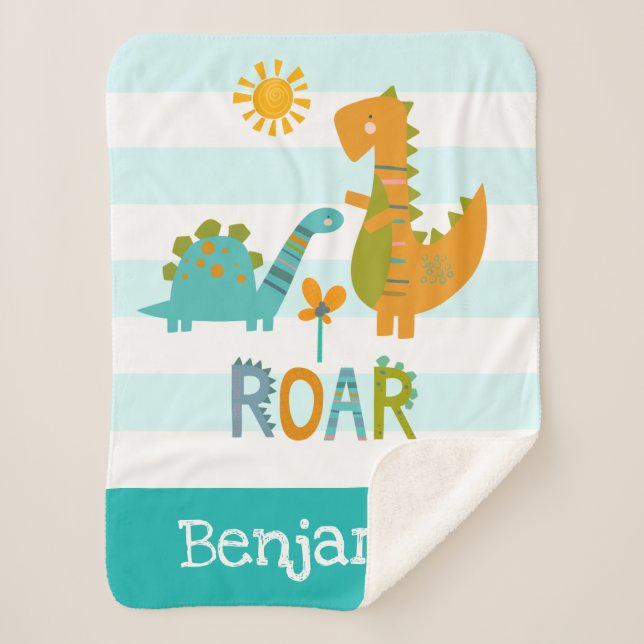 Couverture Sherpa Dinosaures mignons Baby Boy Bold Turquoise Nom de  (Devant)