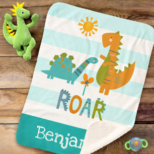 Couverture Sherpa Dinosaures mignons Baby Boy Bold Turquoise Nom de 